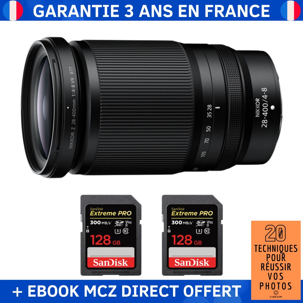 Nikon Z 28-400mm f/4-8 VR Lens + 2x 128GB SanDisk Extreme PRO UHS-II SDXC Cards + '20 Techniques pour Réussir vos Photos' Ebook - Nikon Z Lens