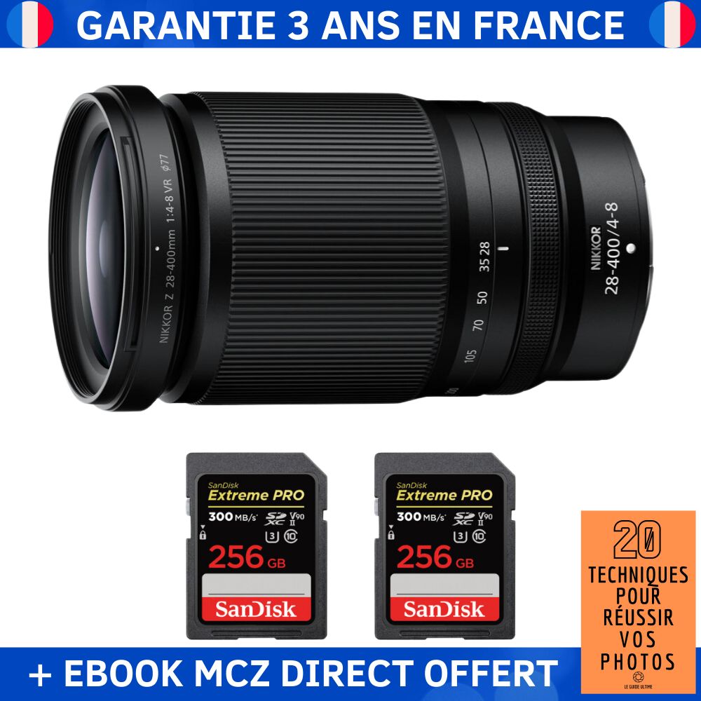 Nikon Z 28-400mm f/4-8 VR Lens + 2 SanDisk 256GB Extreme PRO UHS-II SDXC Cards + '20 Techniques pour Réussir vos Photos' Ebook - Nikon Z Lens