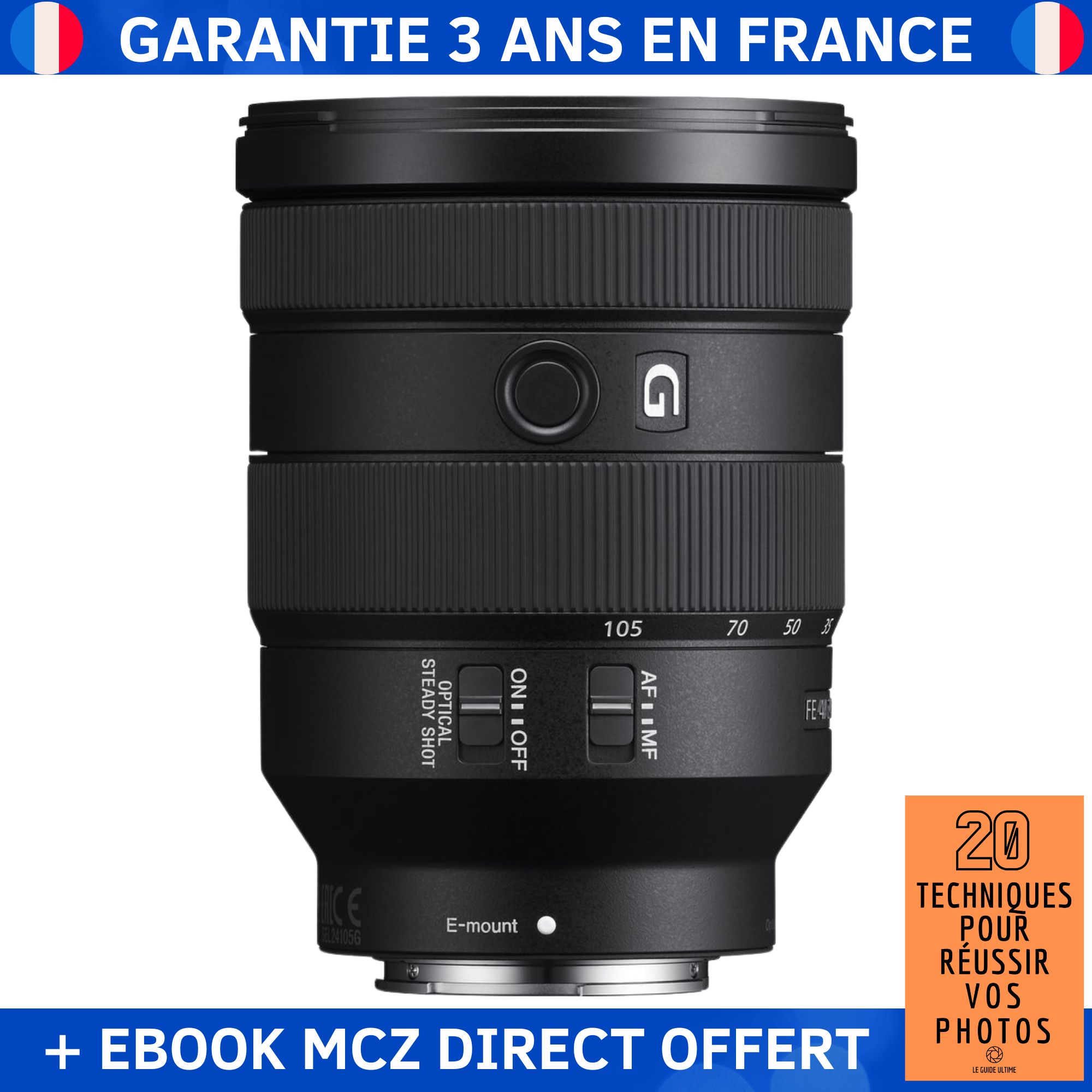 Lente Sony FE 24-105mm F4 G OSS + Libro electrónico '20 Técnicas para Lograr Fotos Exitosas'
