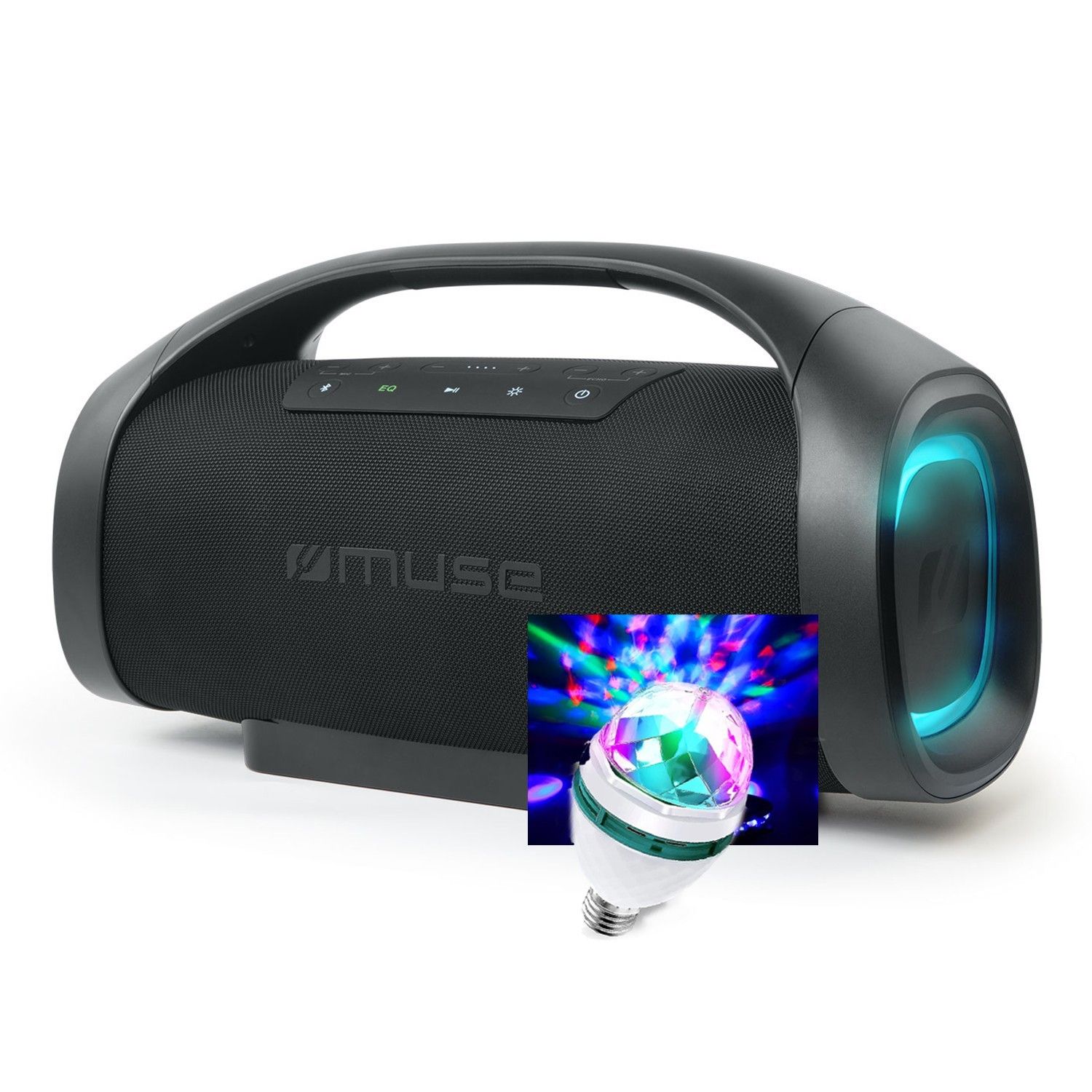 Altavoces portátiles Bluetooth autónomos Muse M-980 BT con iluminación de ambiente LED - Resistente a la proyección de agua IPX6, lámpara LED incluida