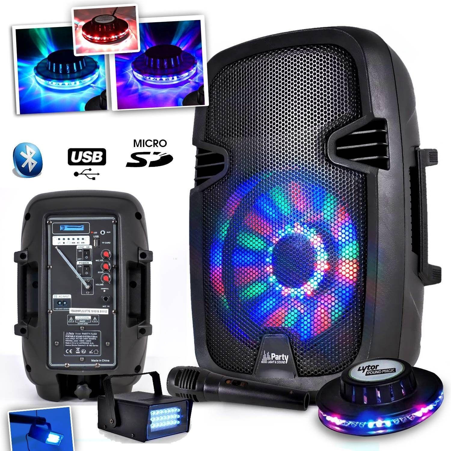 Haut-parleur portable sur batterie Party Sound & Light PARTY-7LED RVB - 300W - USB/Bluetooth/FM + Micro + Effet LED OVNI + Stroboscope