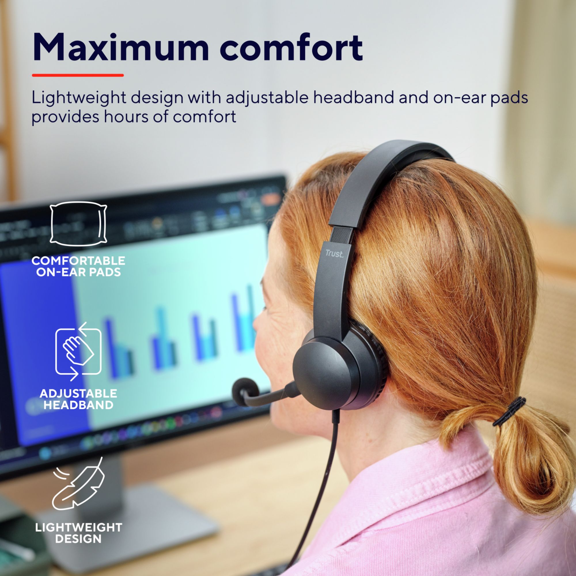 Trust Roha II USB Headset with Microphone, Adjustable Headband, Flexible Microphone, 6ft Cable, PC Filled Earphone