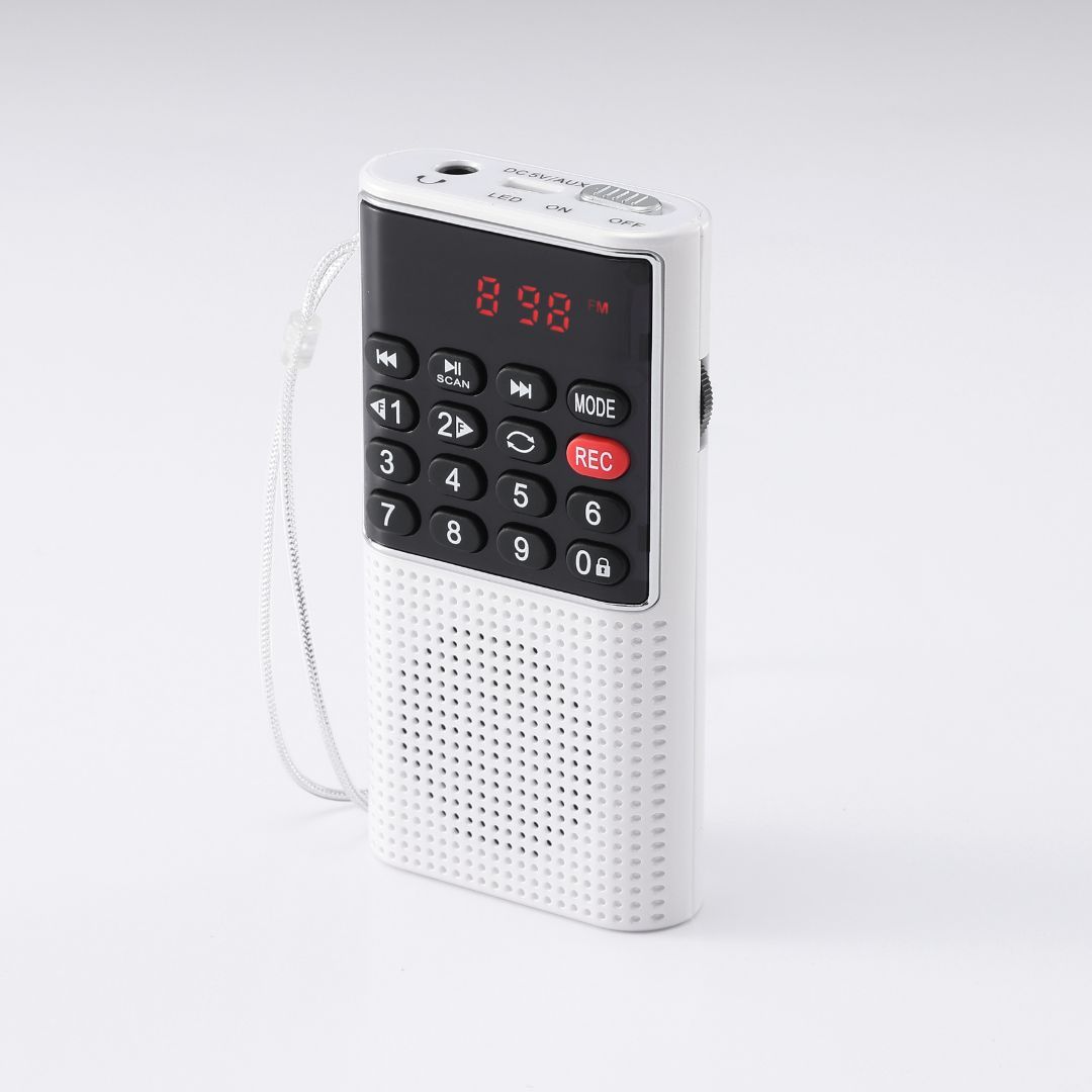 Radio FM recargable de bols WE con lector de tarjeta microSD - 3W RMS, entrada para auriculares, blanco