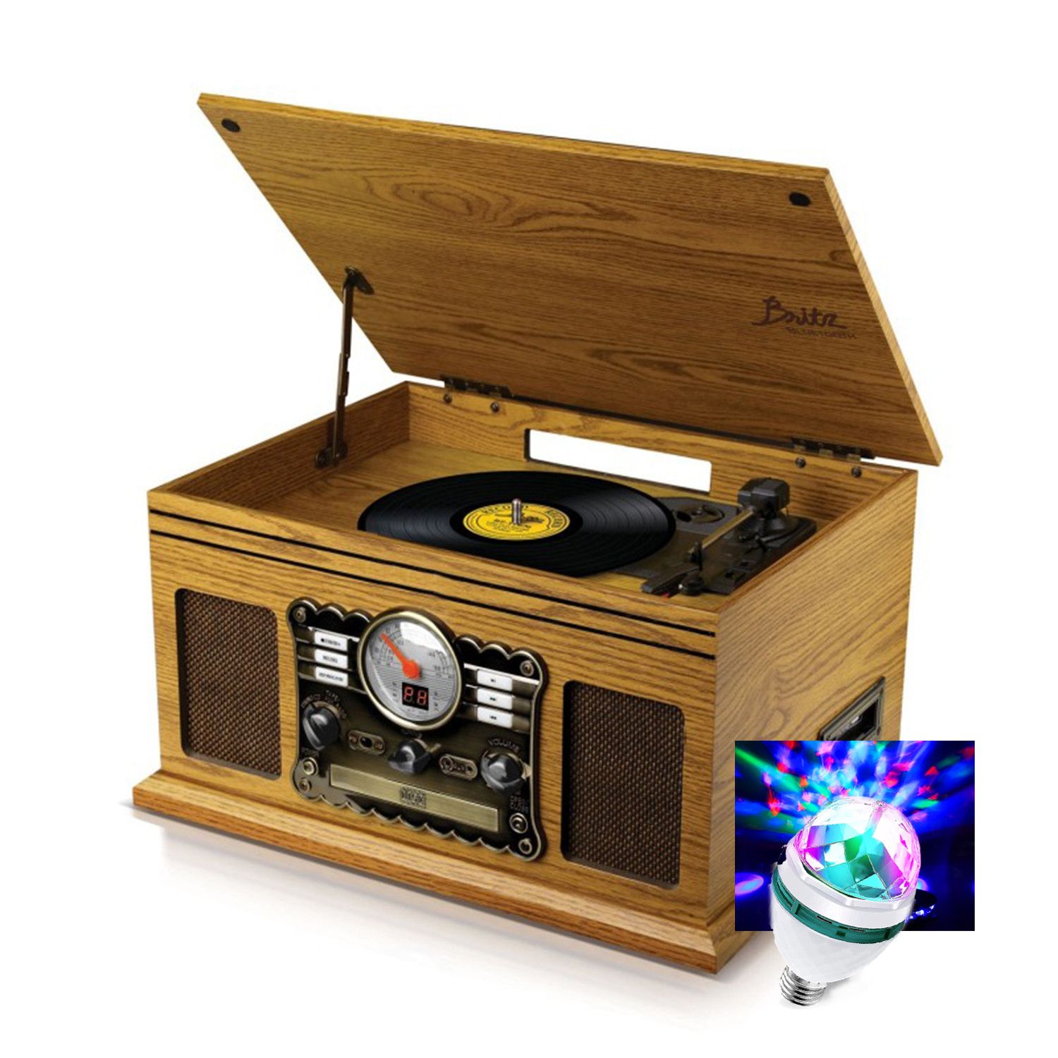 Britz Stereo Turntable - Pickering - 50W - 33/45/78 Speeds - CD/Cassette Player, USB SD/Bluetooth Radio FM/Retro Look, Bulb Included