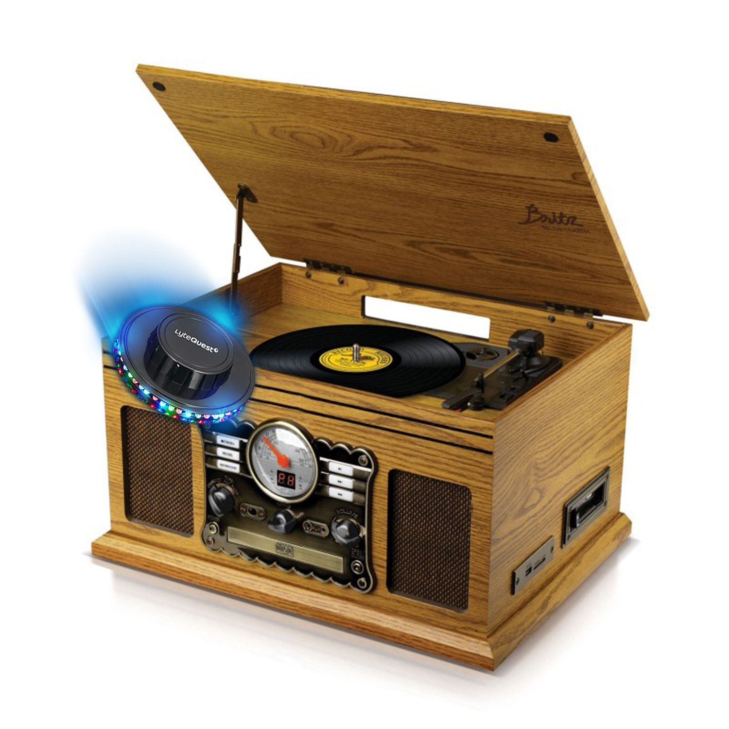 Britz Stereo Turntable - Pickering - 50W - 33/45/78 Speeds - USB SD / Bluetooth FM Radio / CD / Cassette Player, Retro Look, Lights