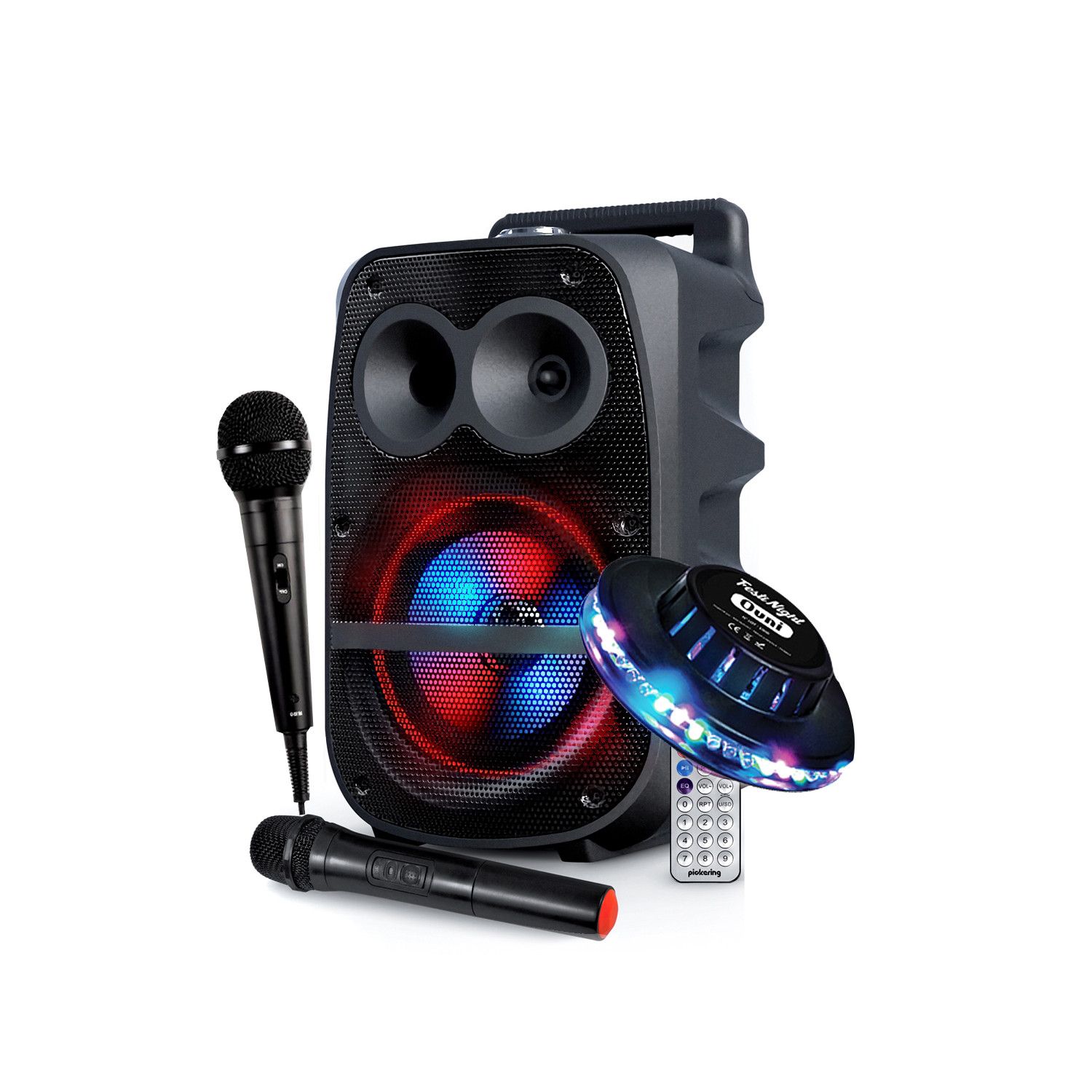 Altavoz DJ de Karaoke Pickering con LED RGB y batería - USB/SD/Bluetooth/Radio FM + 2 Micrófonos + Efecto de Luz UFO