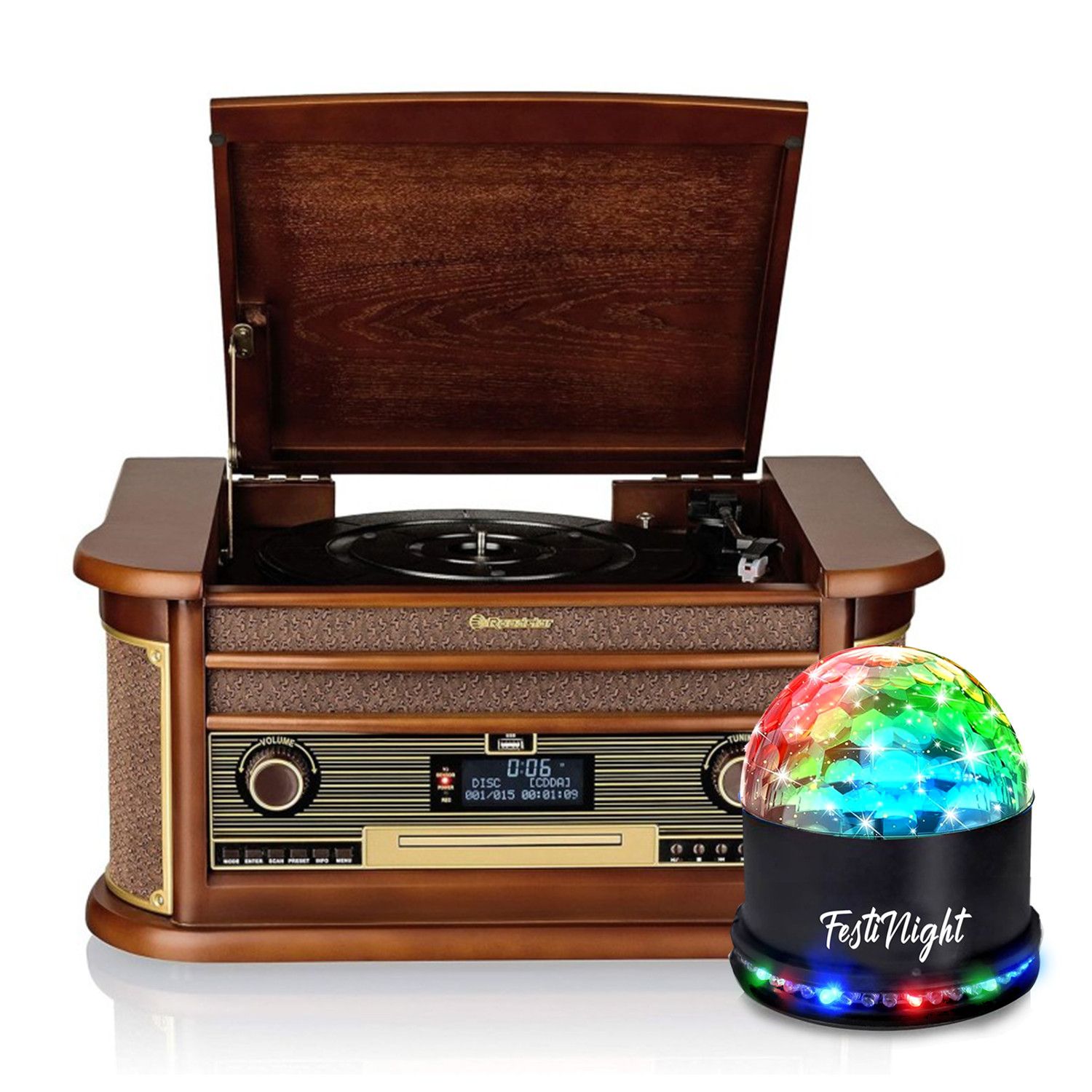 Pickering Roadstar Turntable Vintage - Madera, 33/45/78 RPM, Bluetooth, USB, LED