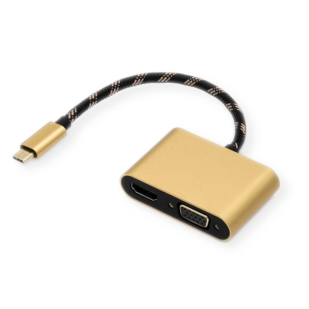 Adaptateur Roline USB-C vers HDMI/VGA, Noir et Or