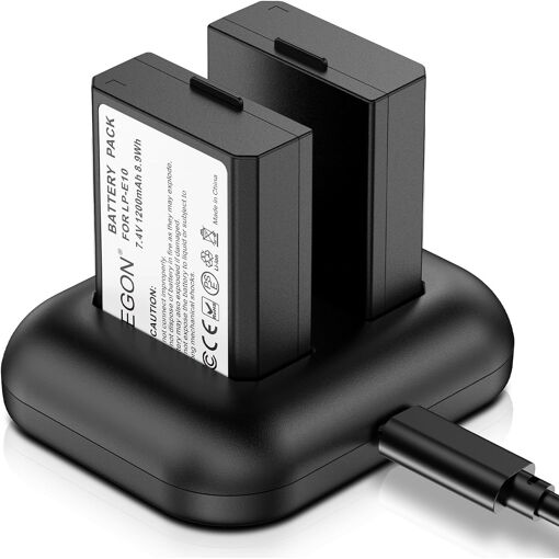 Paquete de 2 baterías recargables y cargador doble rápido para Canon LP-E10, compatible con cámaras Canon EOS Rebel T3, T5, T6, Kiss X50, X70, 1100D, 1200D, 1300D, 2000D, 3000D, 4000D (Q540)