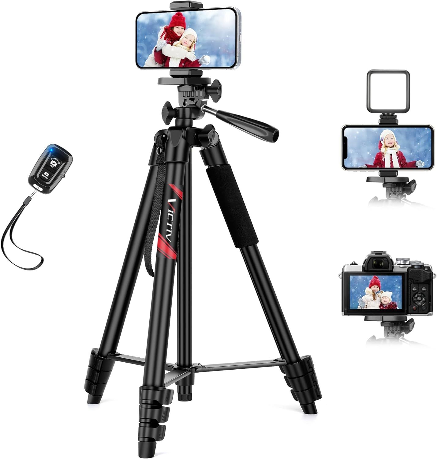 Trépied pour Téléphone CBSDYFGYSUDF de 162 cm, Support en Aluminium Léger pour iPhone, Samsung, Huawei avec Télécommande et Pied, Trépied Compact et Portable pour Appareil Photo DSLR Canon, Nikon, Sony (Q558)