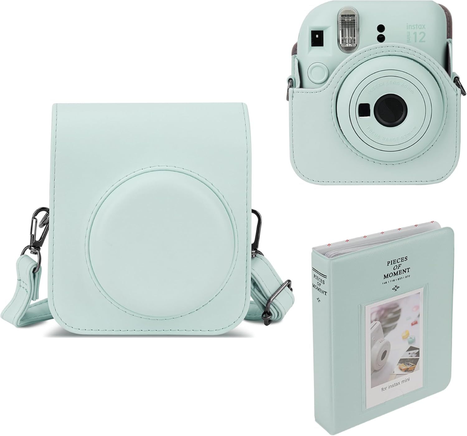 Étui de protection en cuir synthétique pour appareil photo Fujifilm Instax Mini 12, 64 poches, sangle réglable, vert