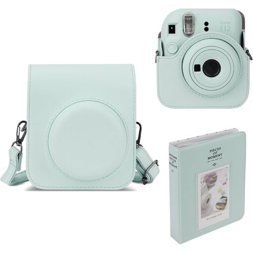 Estuche protector para cámara Fujifilm Instax Mini 12 con 64 bolsillos, correa ajustable, verde