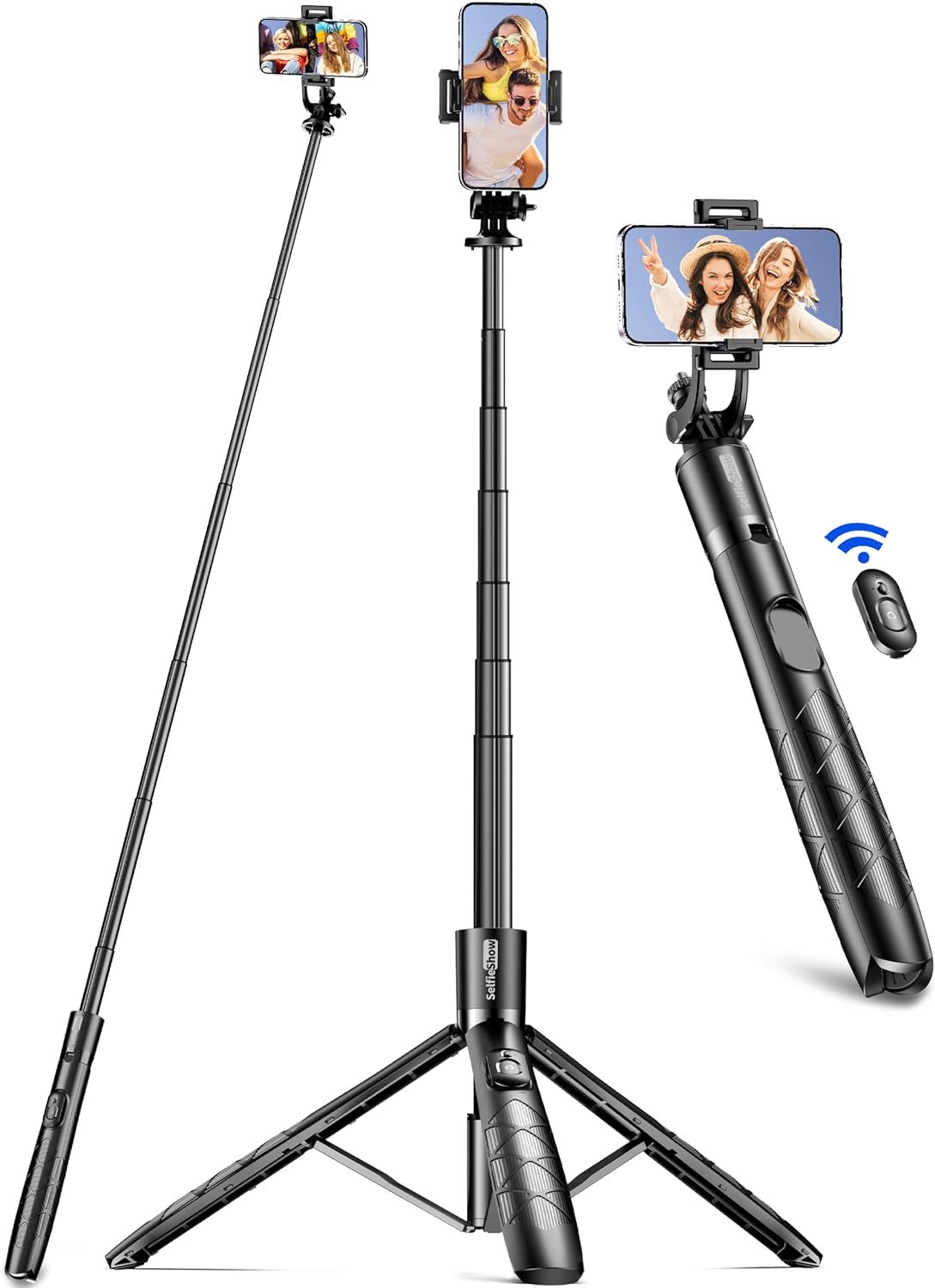 Perche à selfie extensible 179 cm avec trépied en aluminium, support portable pour téléphone