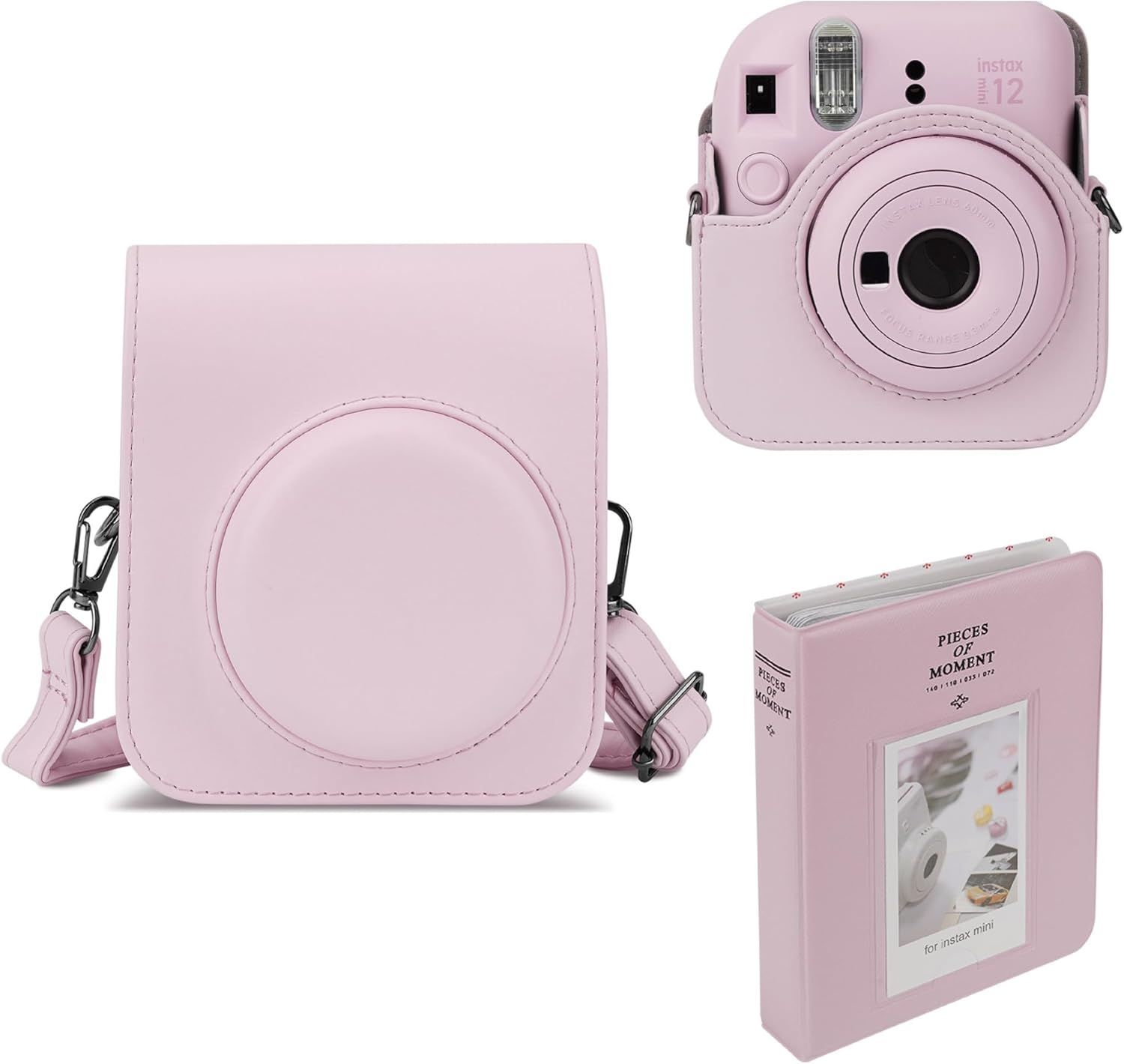 Étui de protection en cuir synthétique pour appareil photo et album photo avec 64 poches, sangle réglable - Compatible avec Fujifilm Instax Mini 12