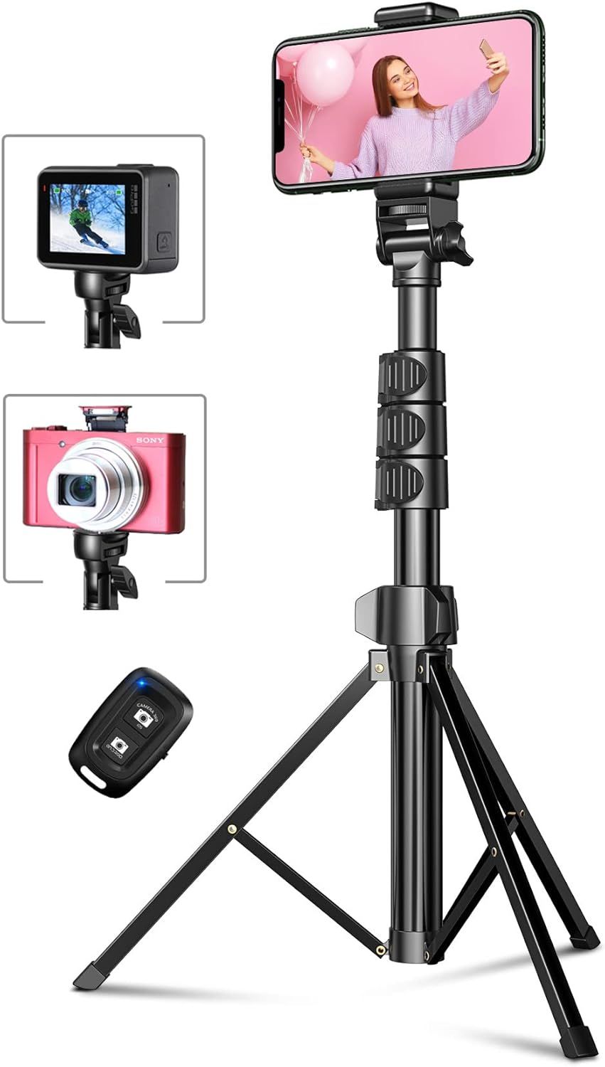 VSBDYUFGSUYDF Smartphone Tripod, 142cm Extensible Selfie Stick Monopod with Bluetooth Remote Control & Universal Phone Holder Compatible with iPhone, Camera and Gopro (Q591)