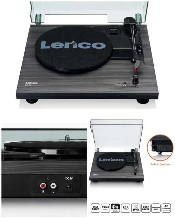 Lenco LS-10BK Vinyl Record Player - 33/45 RPM, Semi-Automatic, Integrated Speakers