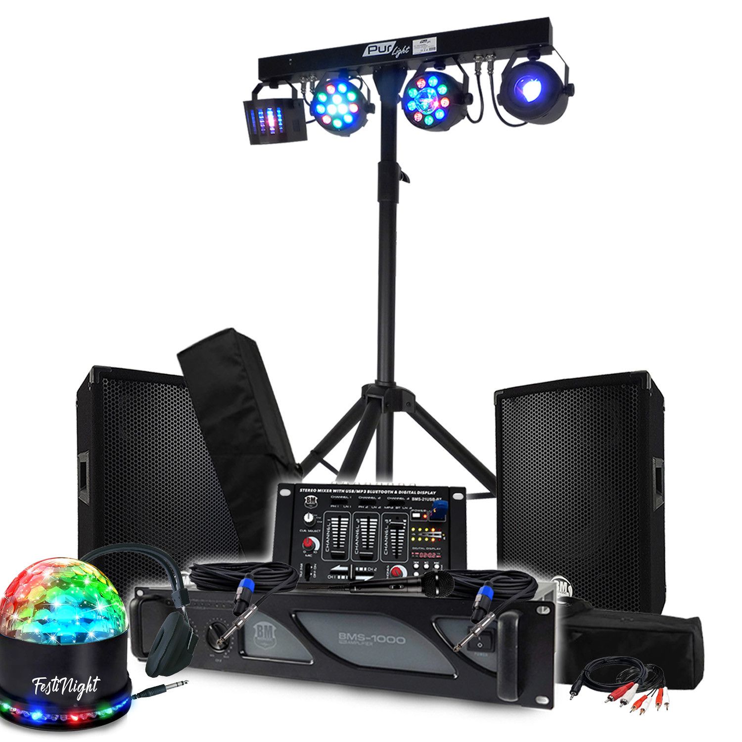 BM SONIC Pack Sono: Amplifier 1000W, Speaker Pair 2x300W, Mixing Table, Lighting Arch + 48 Euphoria LED Lights