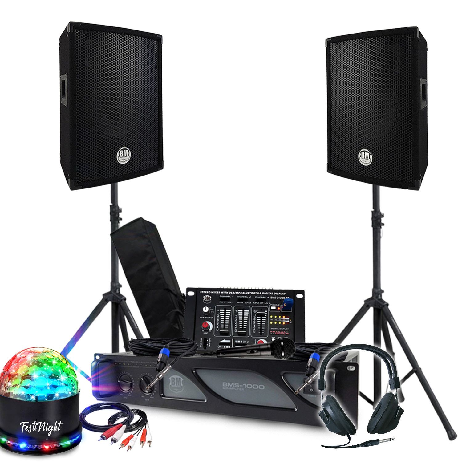 BM SONIC Kit Sono BM SONIC 1000W Amplifier, Passive Speakers, Mixing Table, Feet, DJ Headphones, Cables and Microphone