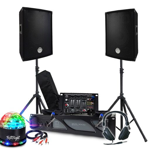 BM SONIC Kit Sono BM SONIC 1000W Amplifier, Passive Speakers, Mixing Table, Feet, DJ Headphones, Cables and Microphone