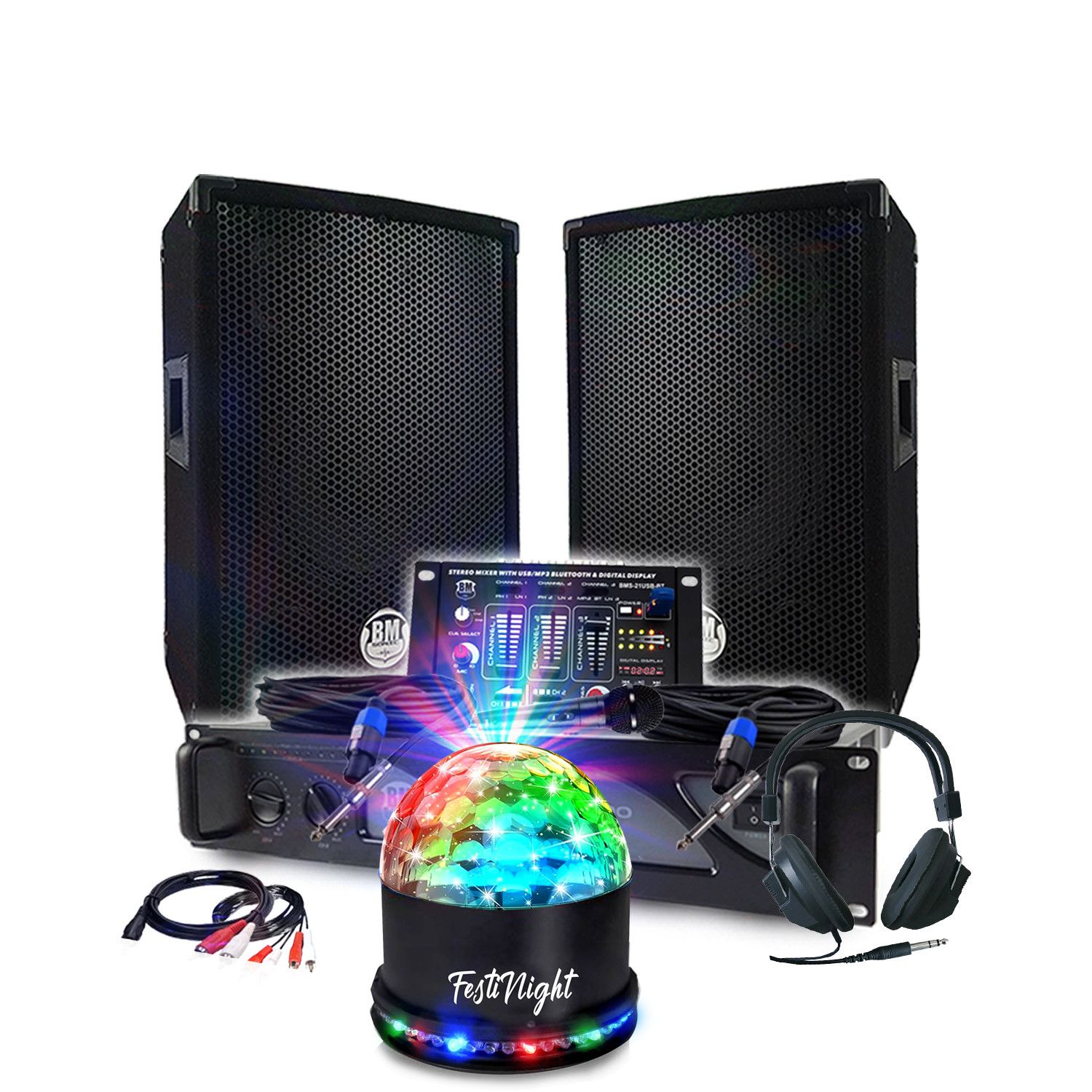 Kit Sonore BM SONIC pour DJ 1000W avec Enceintes Passives, Table de Mixage, Casque DJ, Câbles et Microphone