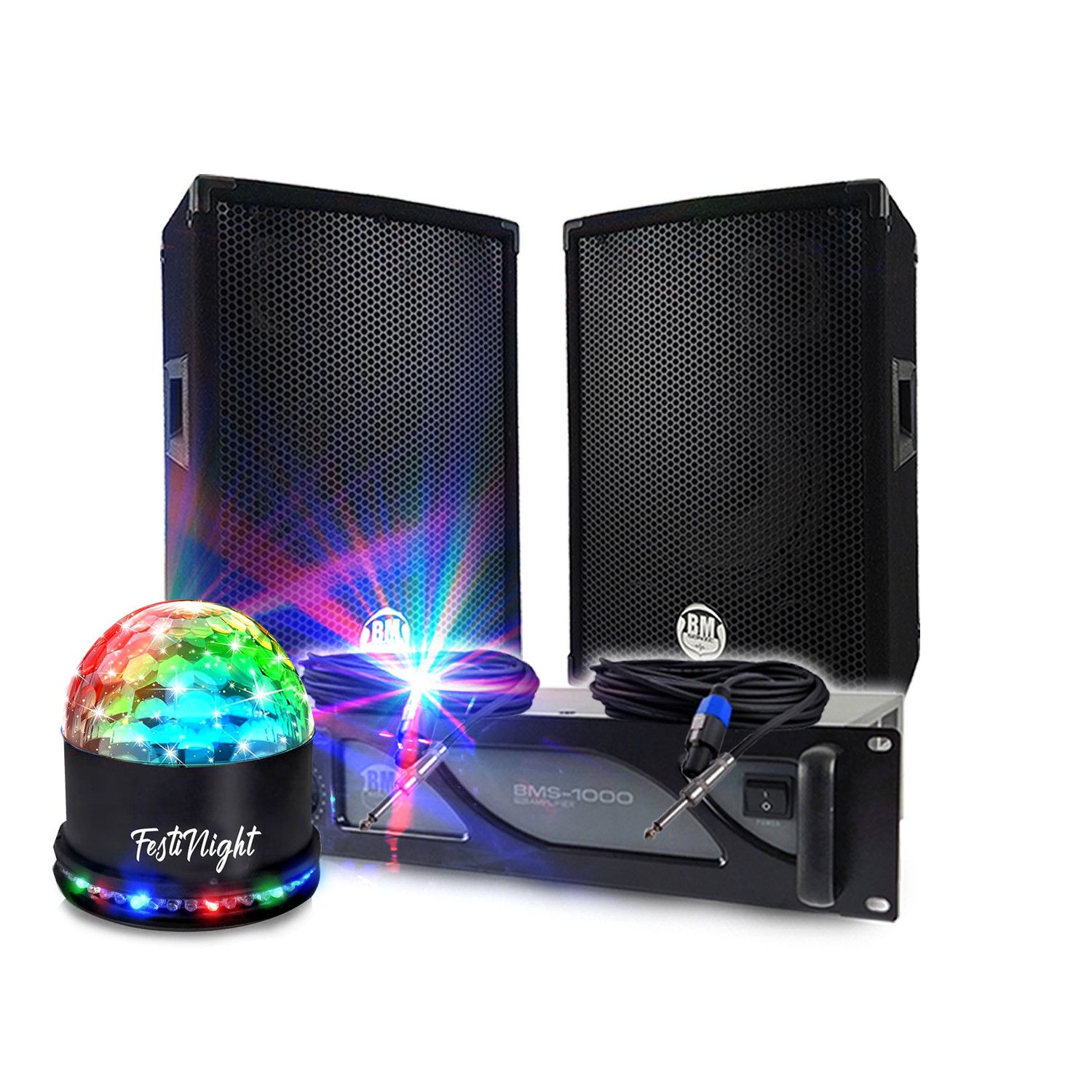 Kit de Sonorización BM Sonic para DJ - Amplificador de 1000W, Altavoces Pasivos BMS08 2x300W, Cables, Sistema de Sonido Profesional