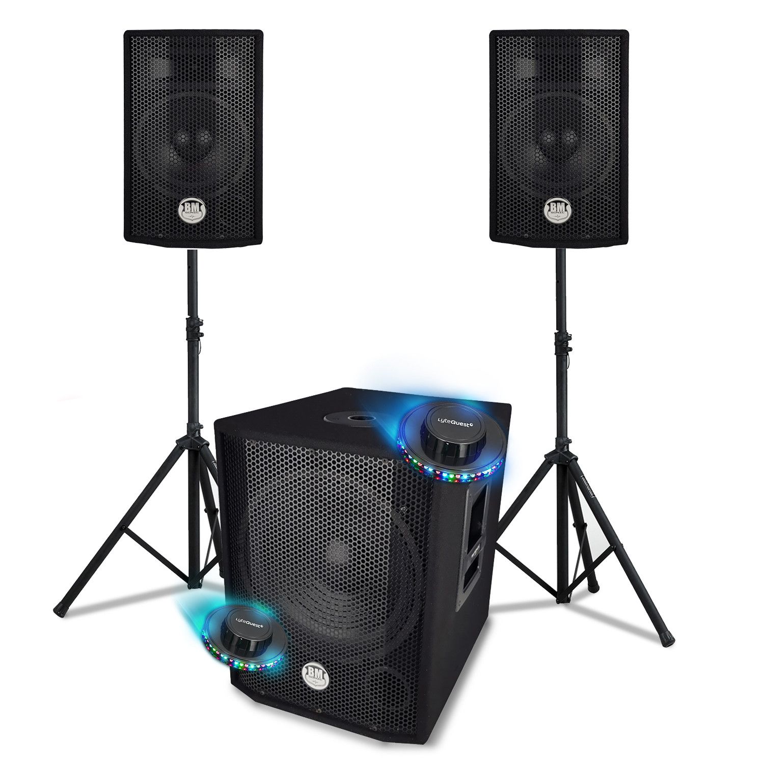 Sistema de sonido triónico Bm Sonic 1000W, subs 1208, 2 altavoces de 8”, Bluetooth, USB, SD, control remoto IR, luces