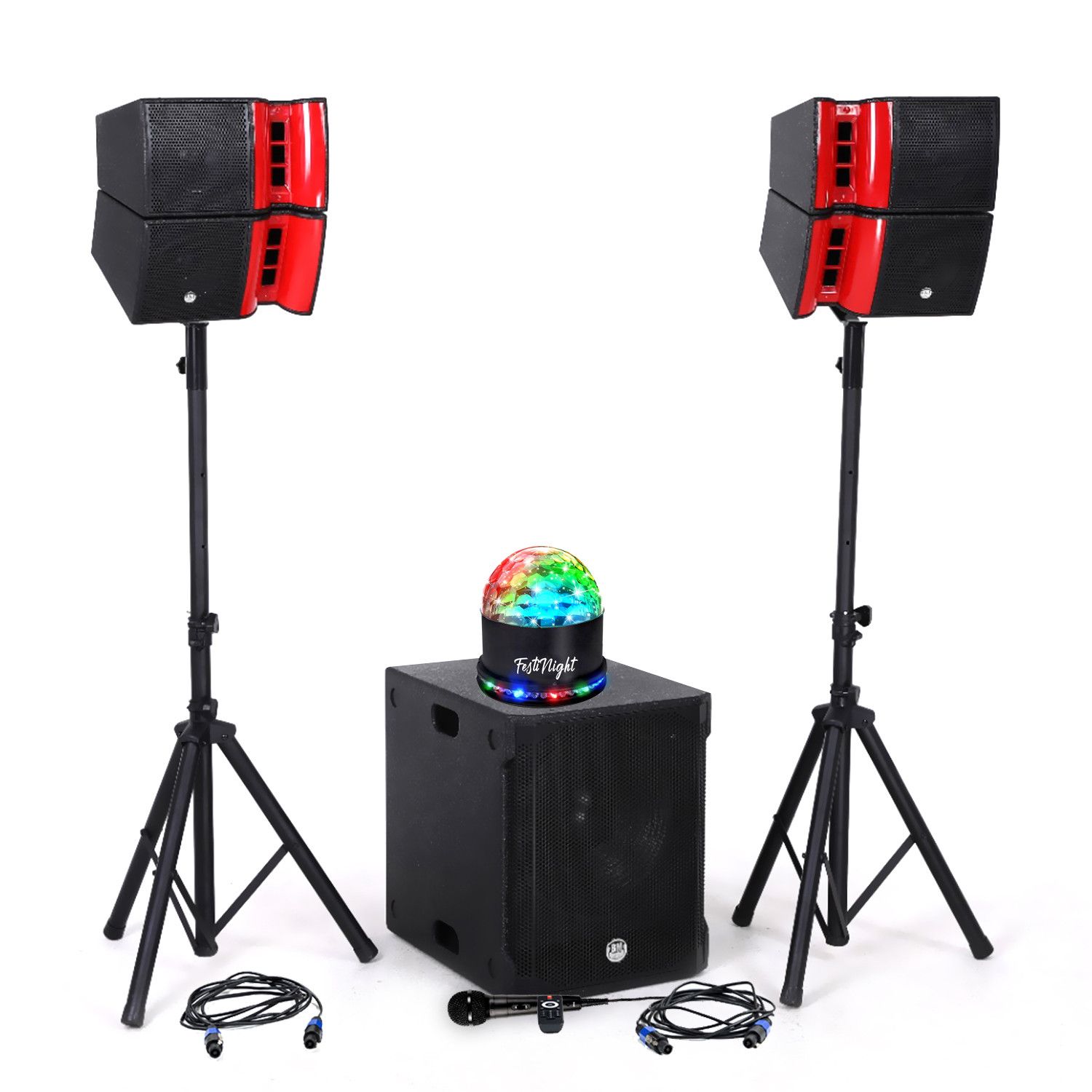 Pack Sonorisation DJ complet BM Sonic BMS15-HORN avec Enceintes, SUB 38cm, Bluetooth, Câbles et Eclairage