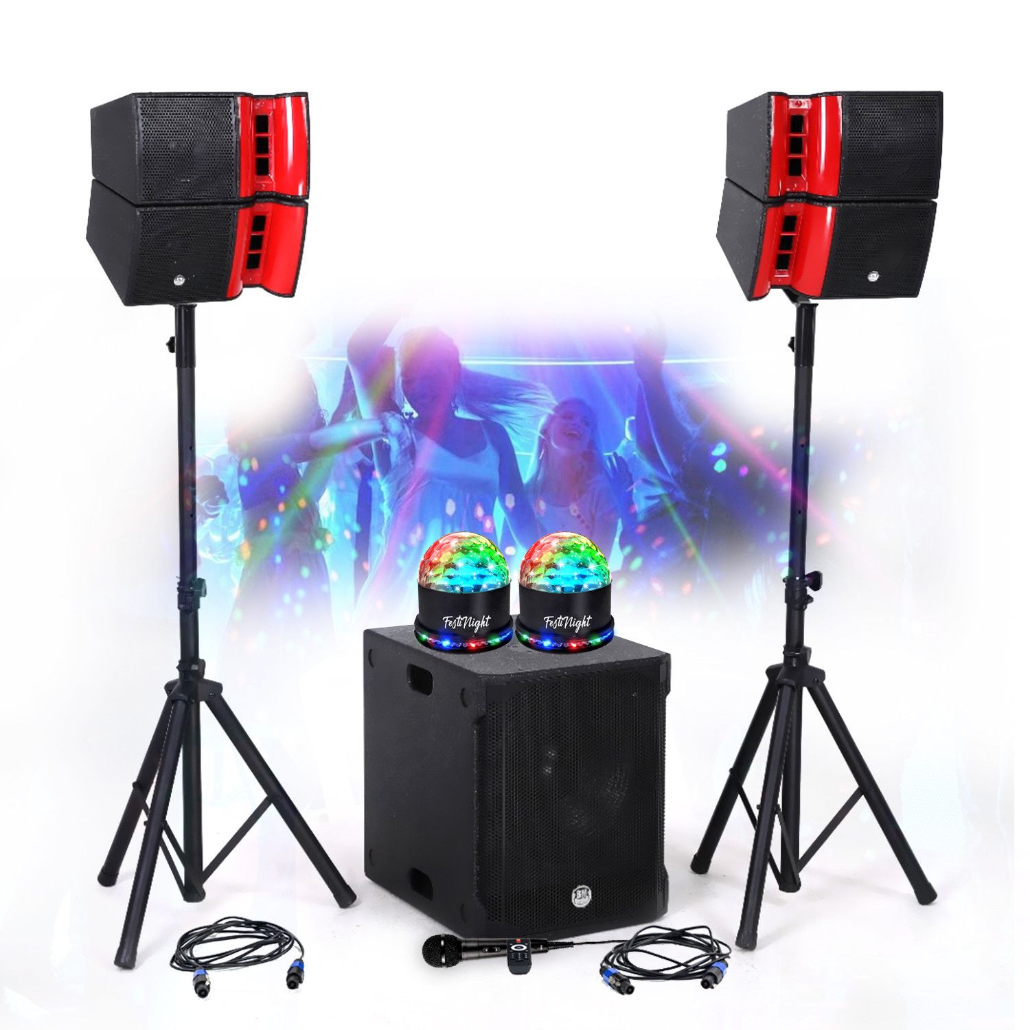 Bm Sonic DJ Sound System Complete Pack 1200W, Party Room, 2 Speakers, 38cm Subwoofer USB/Bluetooth, Cable Supports, LED Lights