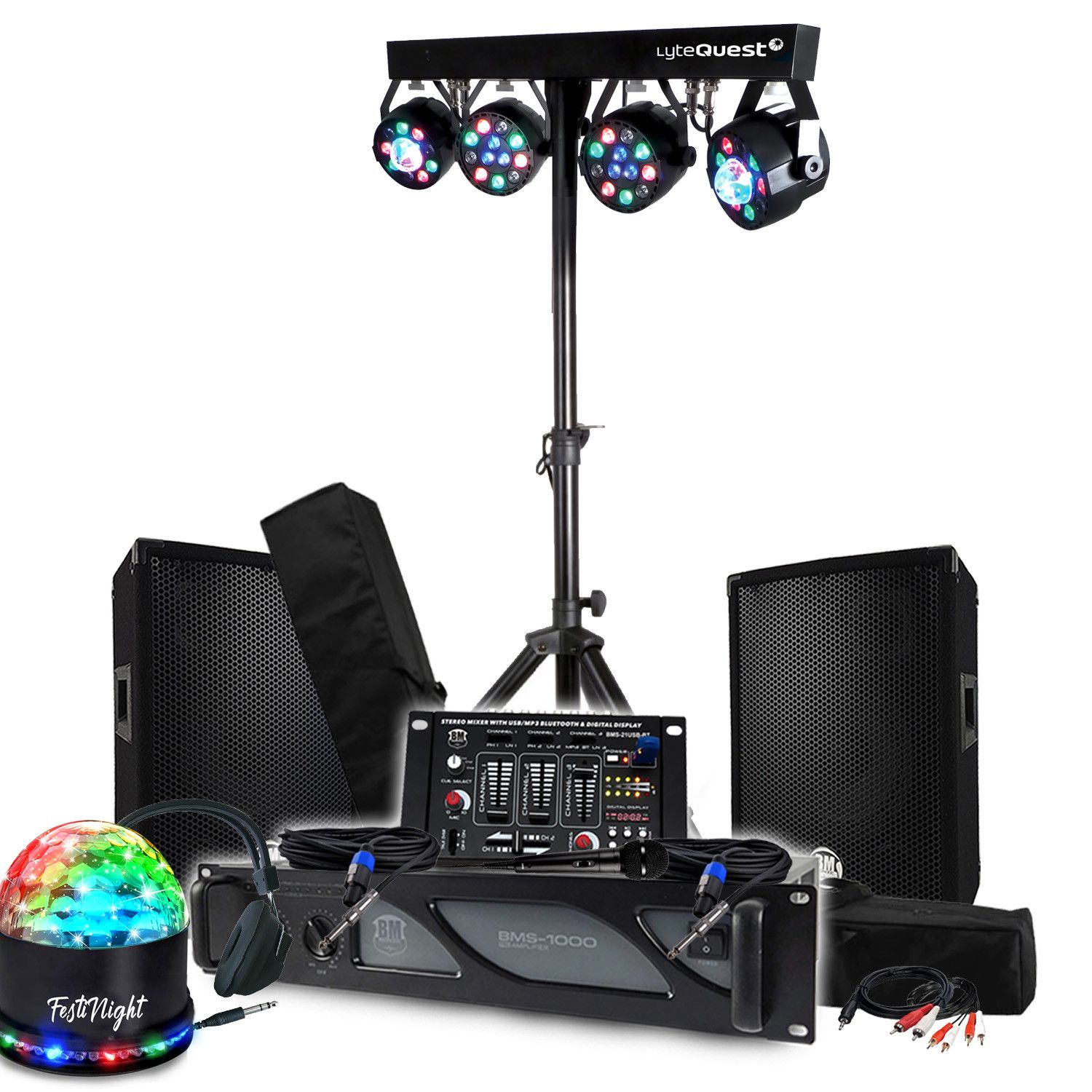Système de sonorisation DJ BM SONIC : Amplificateur, haut-parleurs, table de mixage, éclairage