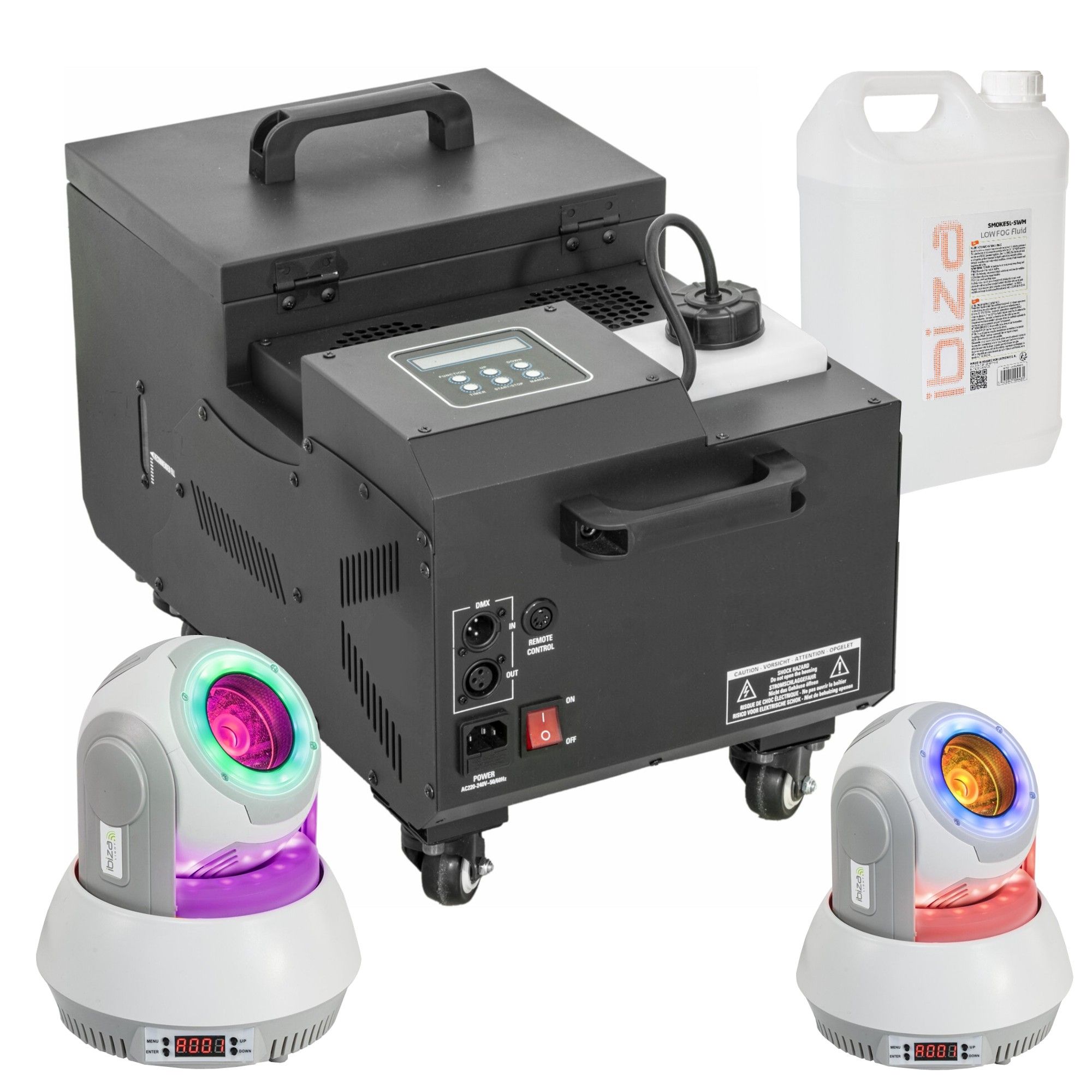 Machine à fumée lourde 1500W - 2 Lyres Ibiza Light Beam 40W - Bidon de liquide - Soirée DJ Mariage Fête Danse