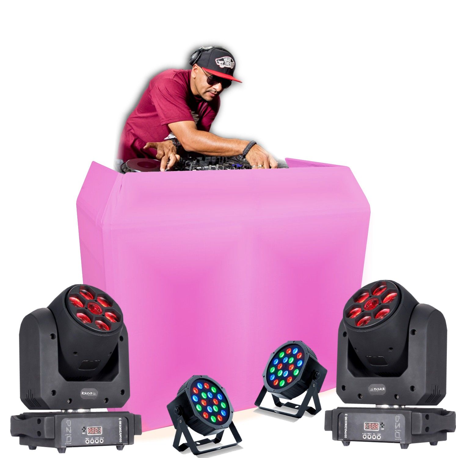 Ibiza Light Pack Ibiza Régie DJ Booth Facade DS40 - 2 Spot Lyres 100W B-Eye 6x10W DMX - 2 PAR Projectors