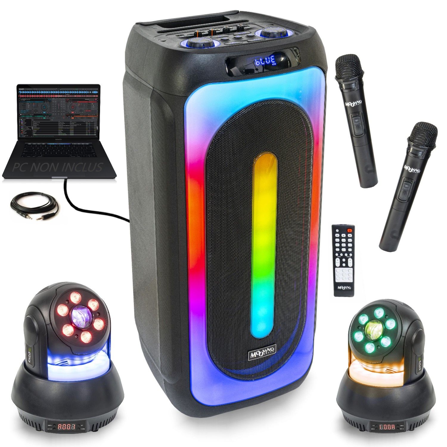 Ibiza Sound Moving Sound MS-MAGIC-SOUND1000 Bluetooth Karaoke Speaker Pack - 2 Micros - 2 STAR-WASH 30W Lyres