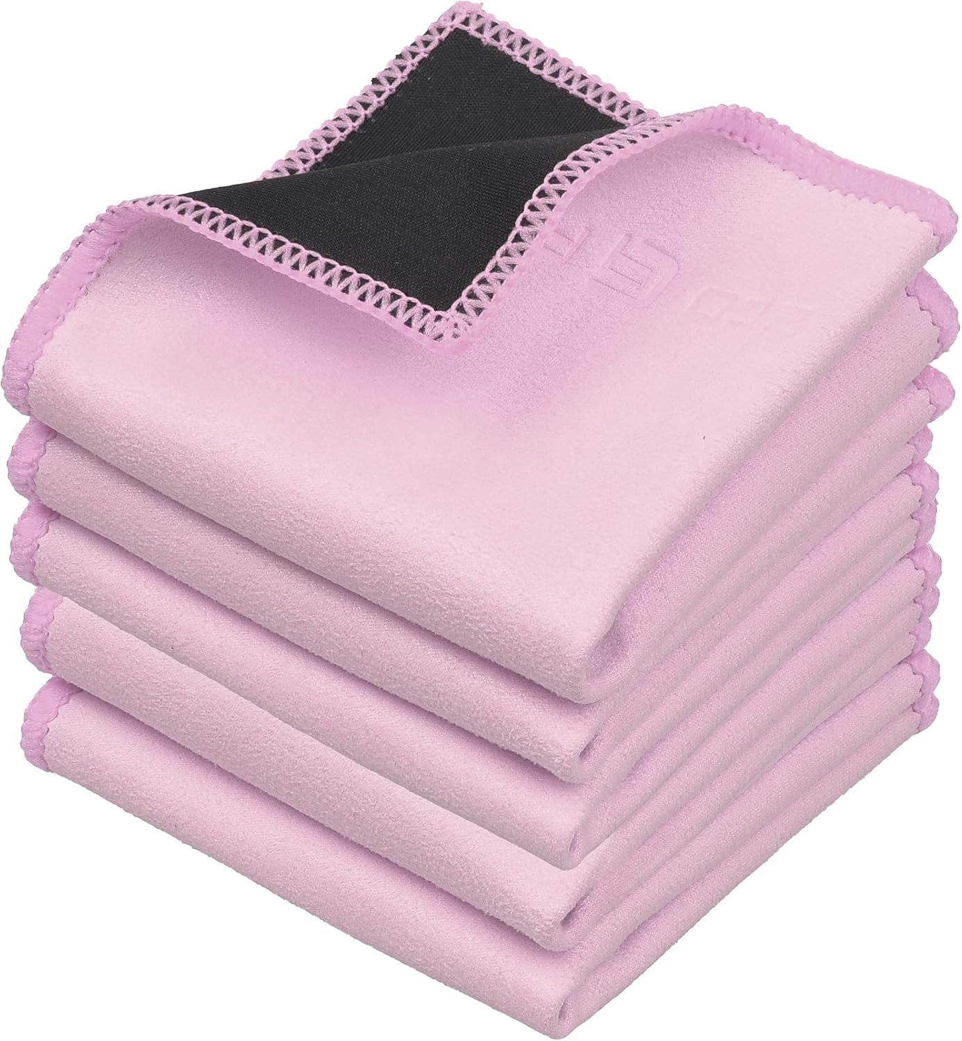 Laser Genetics Carron Microfibre Cleaning Cloths - Double-Sided Pack of 5-6 (6.6 x 6.2 Inches) - Black Microfibre and Pink suede for Smartphones, Screens, Camera Lenses
