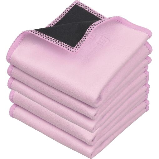 Laser Genetics Carron Microfibre Cleaning Cloths - Double-Sided Pack of 5-6 (6.6 x 6.2 Inches) - Black Microfibre and Pink suede for Smartphones, Screens, Camera Lenses