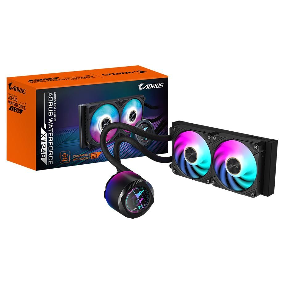 Gigabyte AORUS Waterforce X II 240 Liquid CPU Cooler - 2x 120mm ARGB Fans, Color LCD Screen, Daisy-Chain, Compatible with Intel LGA 1851 and AMD AM5