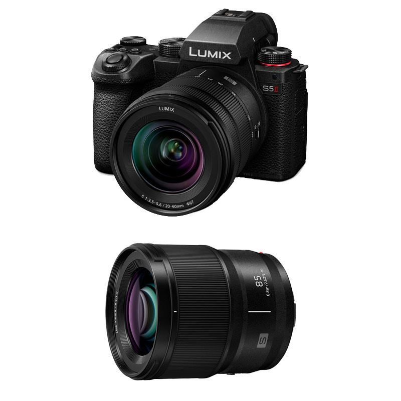 Cámaras híbridas de Panasonic Lumix S5 Mark II con lente de 20-60 mm f/3,5-5,6 y lente de 85 mm f/1,8