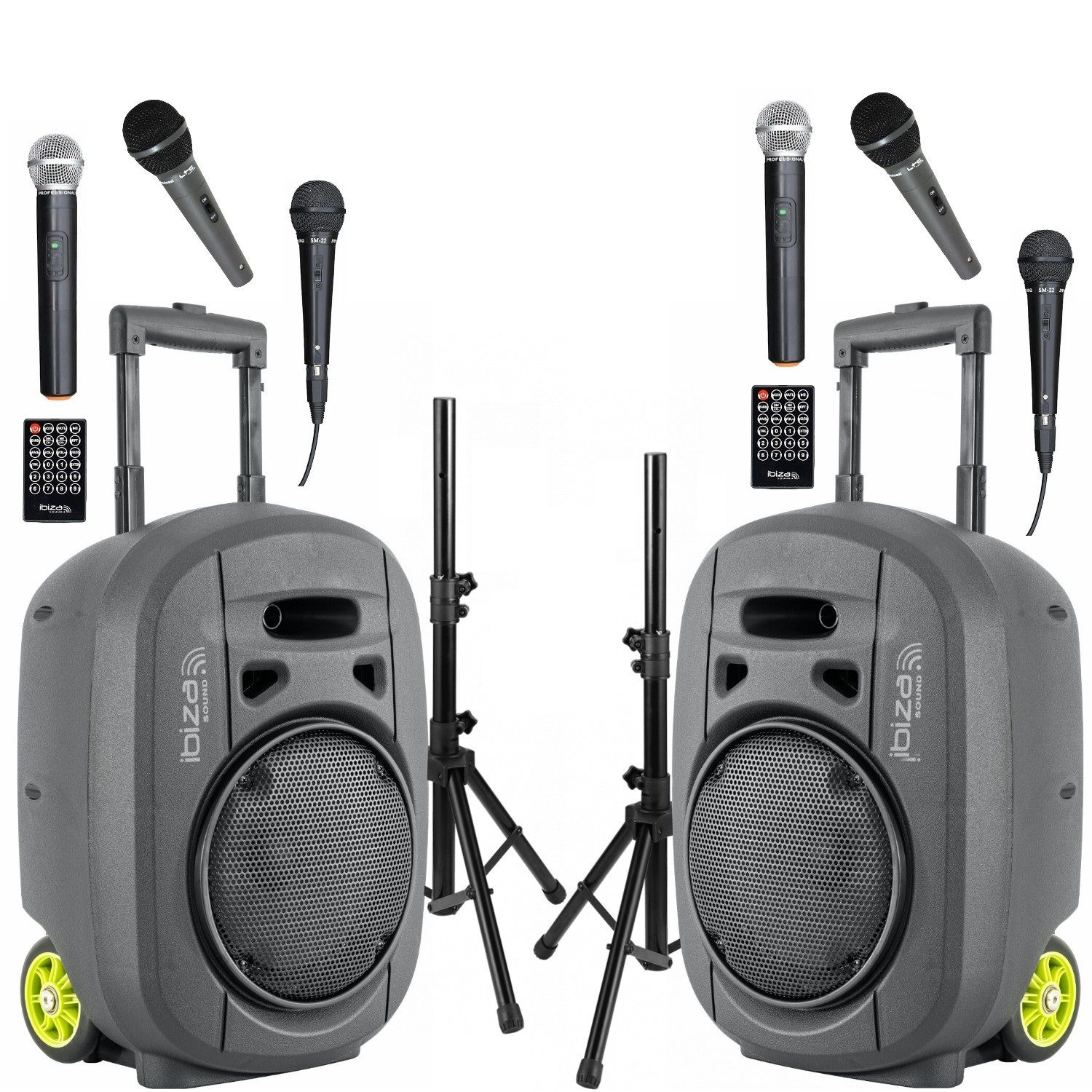 Ibiza PORT8VHF-MKII-TWS 400W Portable PA System with Microphones - Pair of Speaker Stands SS01B-MINI