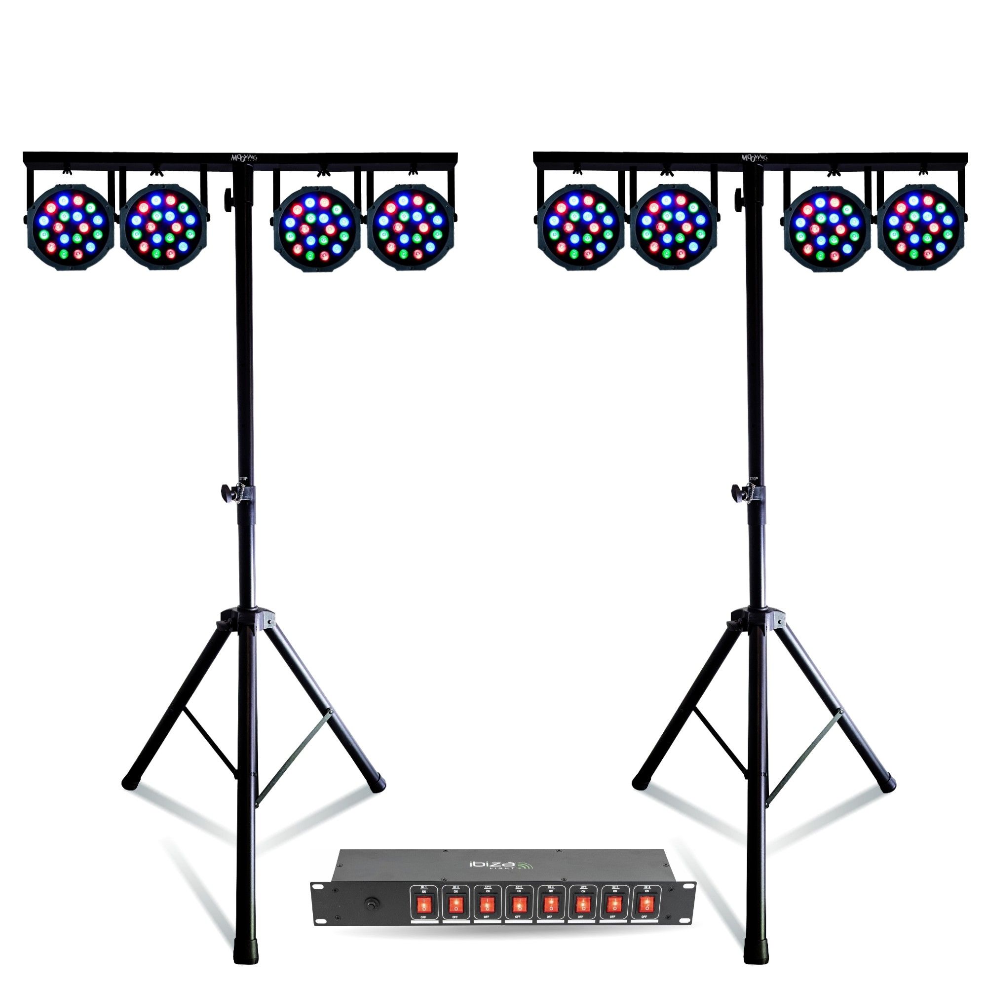 MOOVING LIGHT & SOUND 2-Foot Moving Light Pack - 8 RGB DMX PAR Projectors - 8-Channel Dispatcher for DJ Parties