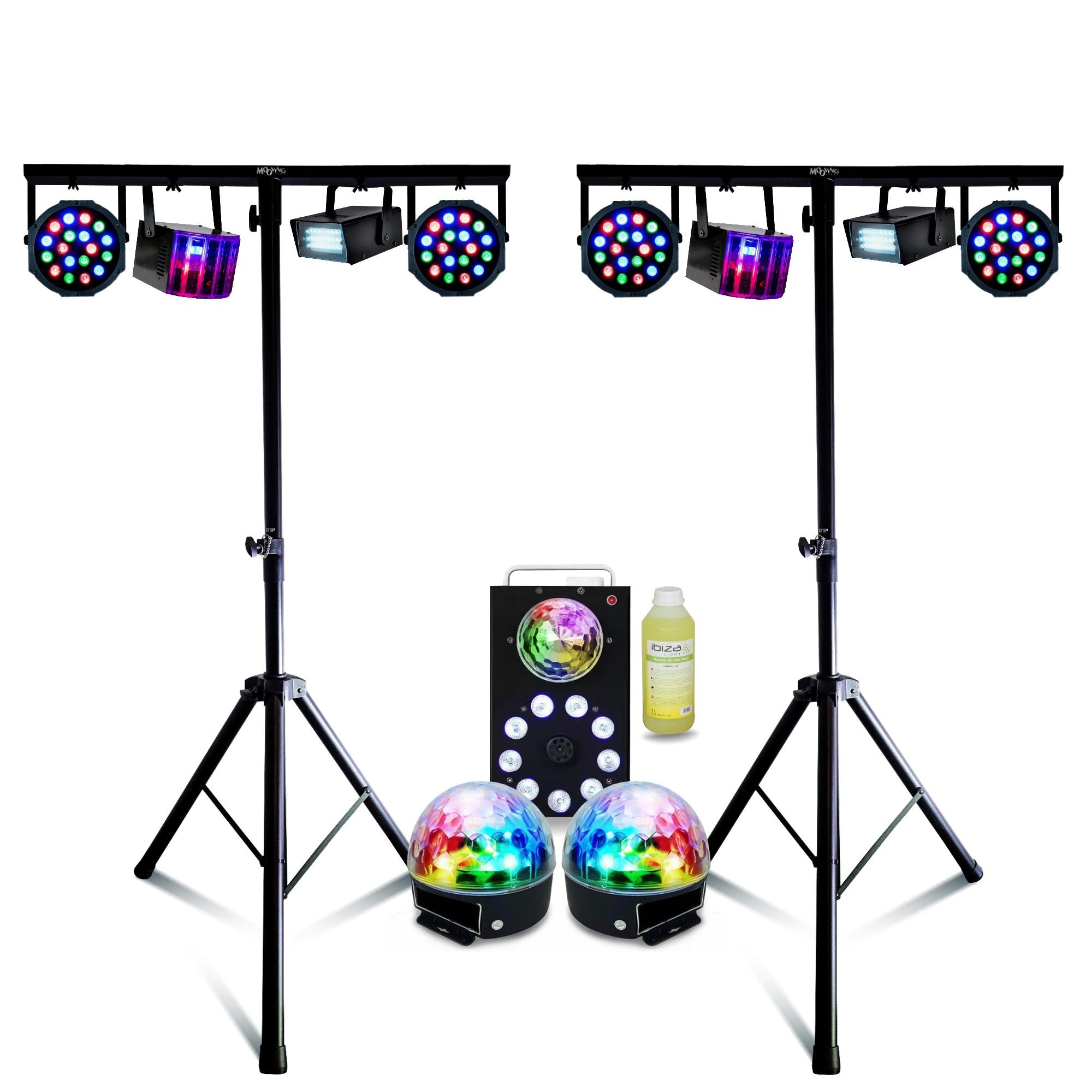 Kit d'éclairage Movant MOOVING LIGHT & SOUND de 2 pieds ML-SUPPORT-DJLIGHT - Machine à fumée Ibiza de 700W - 10 Effets lumineux Derby, Stroboscope et Astro pour DJ