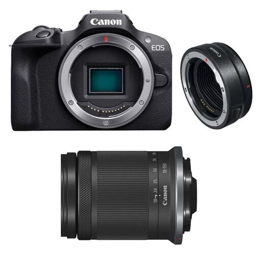 Appareil photo numérique Canon EOS R100 - Blanc - 24,1 mégapixels - Objectif RF-S 18-150mm f/3,5-6,3 IS STM - 4K - Bluetooth + Bague EF-EOS R