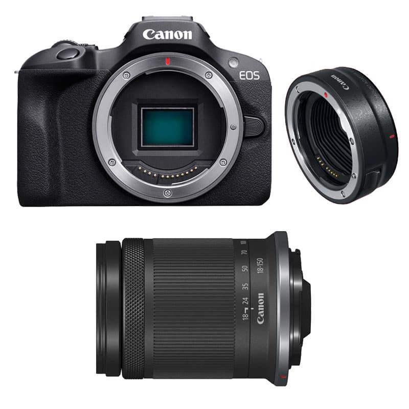 Canon EOS R100 Digital Camera - White - 24.1MP - RF-S 18-150mm f/3.5-6.3 IS STM - 4K - Bluetooth + EF-EOS R Ring