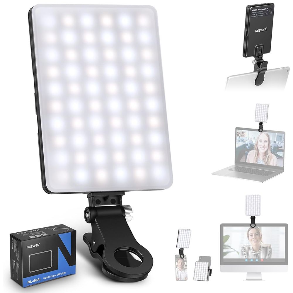 Neewer High-Power LED Light for Selfies with Clip, 60 LEDs, 2000mAh Rechargeable Battery, CRI95+, 3 Lighting Modes