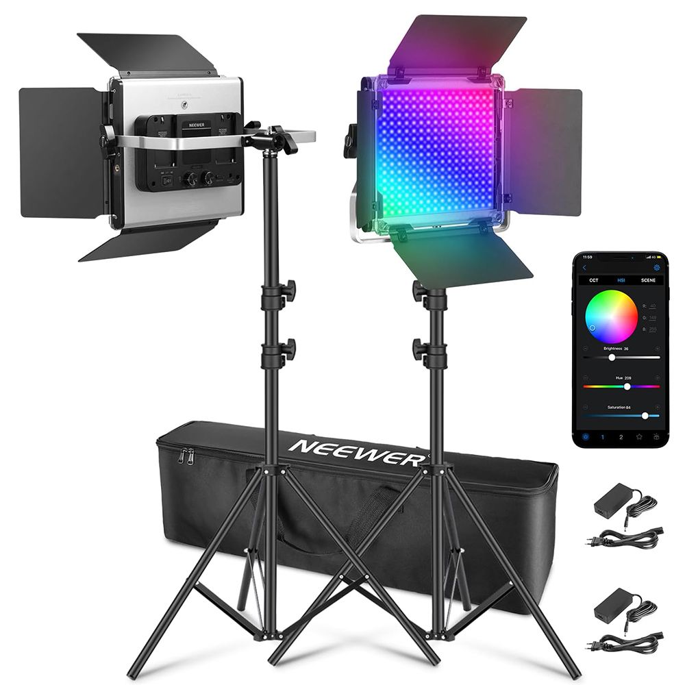 Kit de luz de video Neewer 2X mejorado 660 PRO II 50W RGB con trípode y control por aplicación