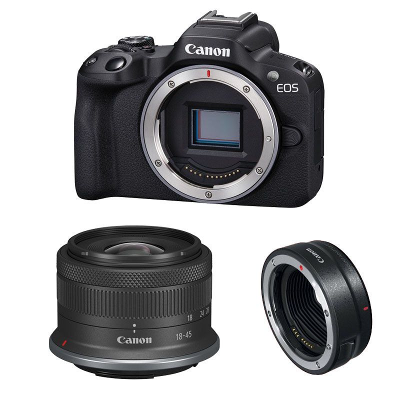 Canon EOS R50 RF-S 18-45mm f/4.5-6.3 IS STM Camera with 3-Year Warranty + EF-EOS R Mount Ring