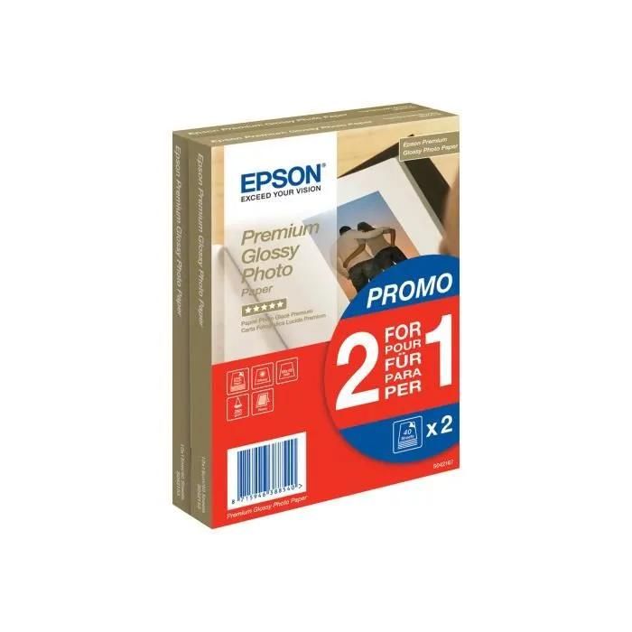 Papier photo Epson Premium brillant, 100 x 150 mm, 255 g/m², 40 feuilles (lot de 2)
