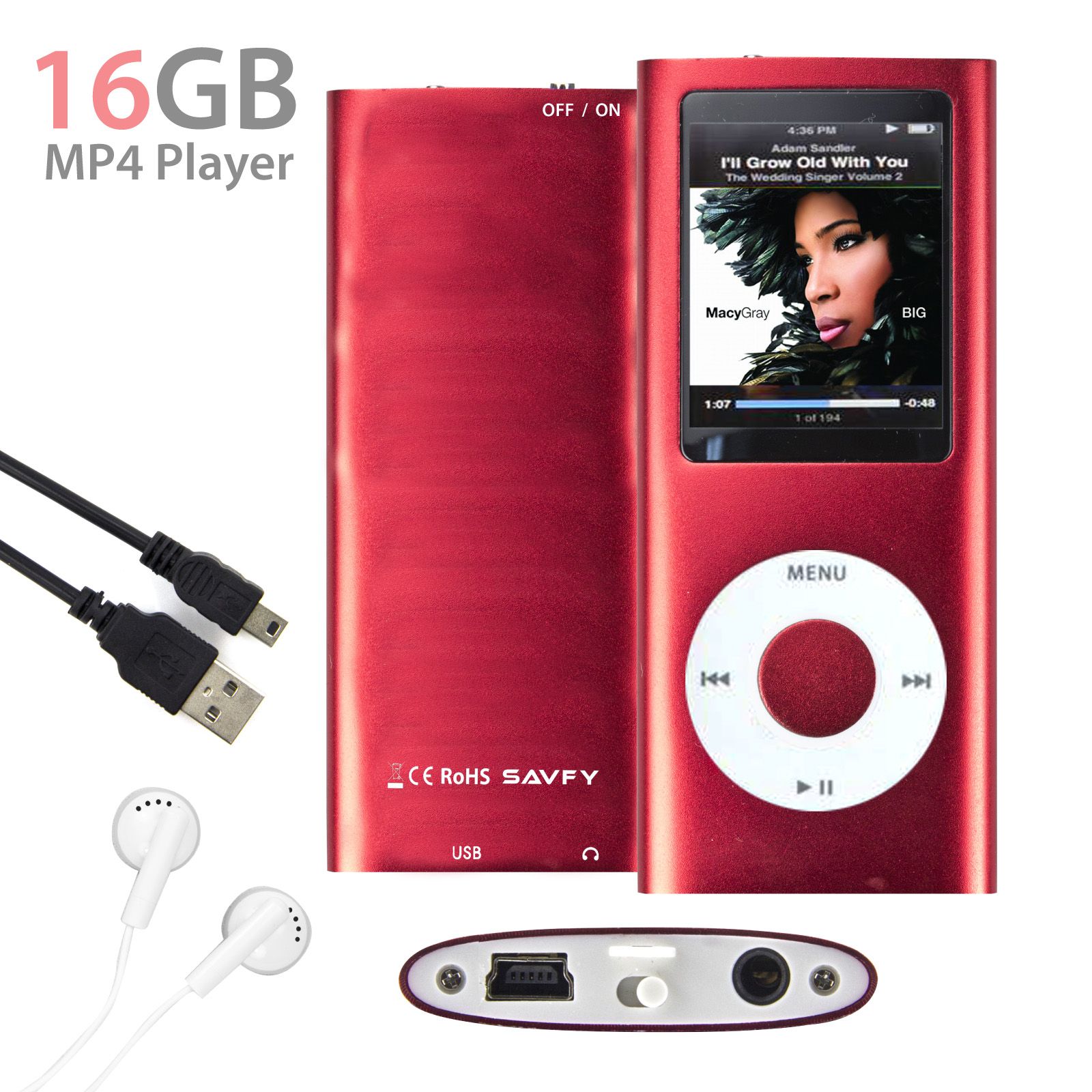 Artrip 16GB MP3/MP4 Player (Red) - Video, Radio, Music, Games + Headphones + USB Cable + Case