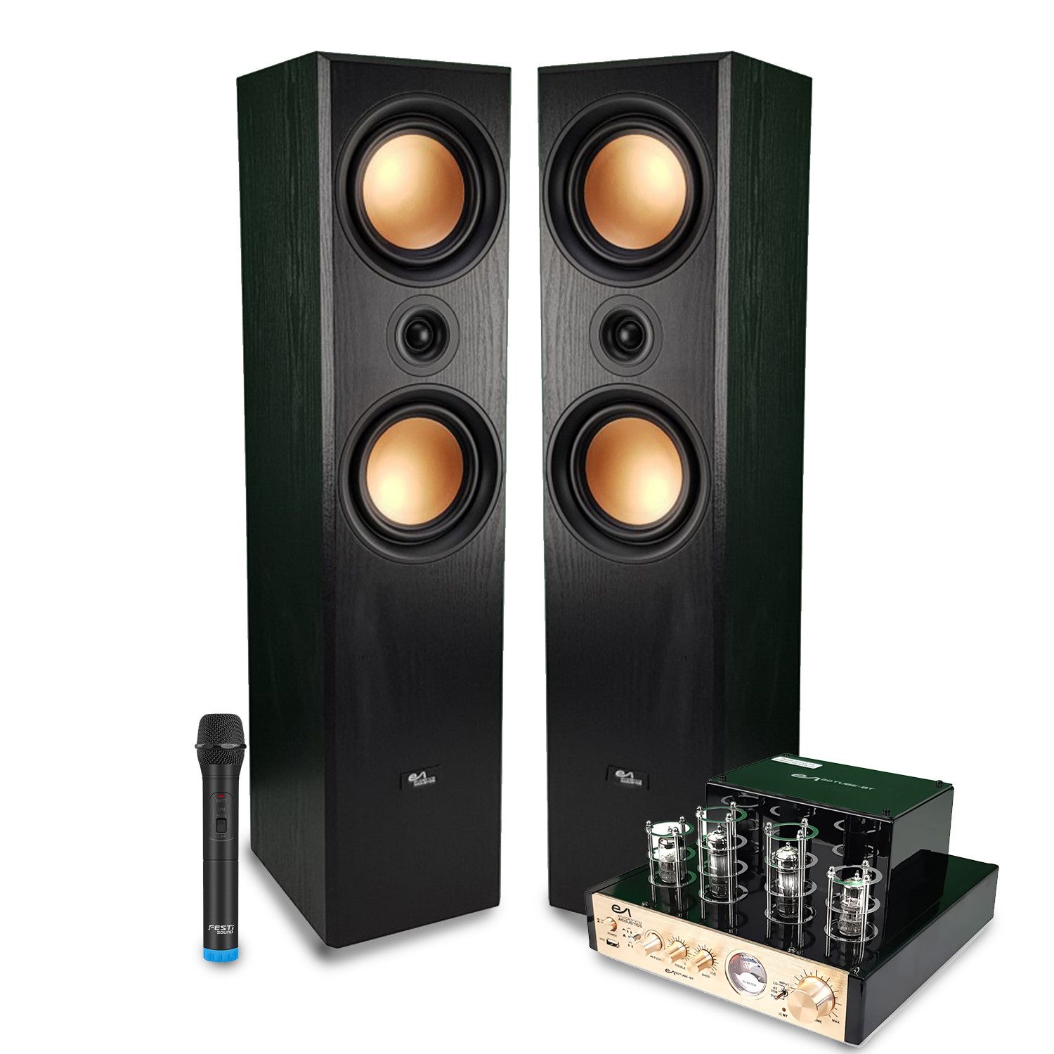 Evidence Acoustics 2.0 Home Cinema Pack - 2x500W PMPO, Tube Stereo Amplifier EA-50TUBE-BT, Vintage, VHF Microphone