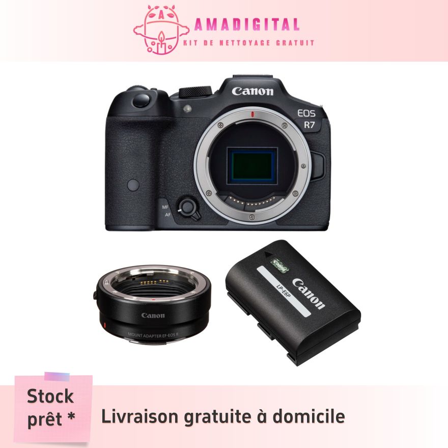 Canon EOS R7 32.5MP Camera with EF-EOS R Mount Adapter and LP-E6P Battery