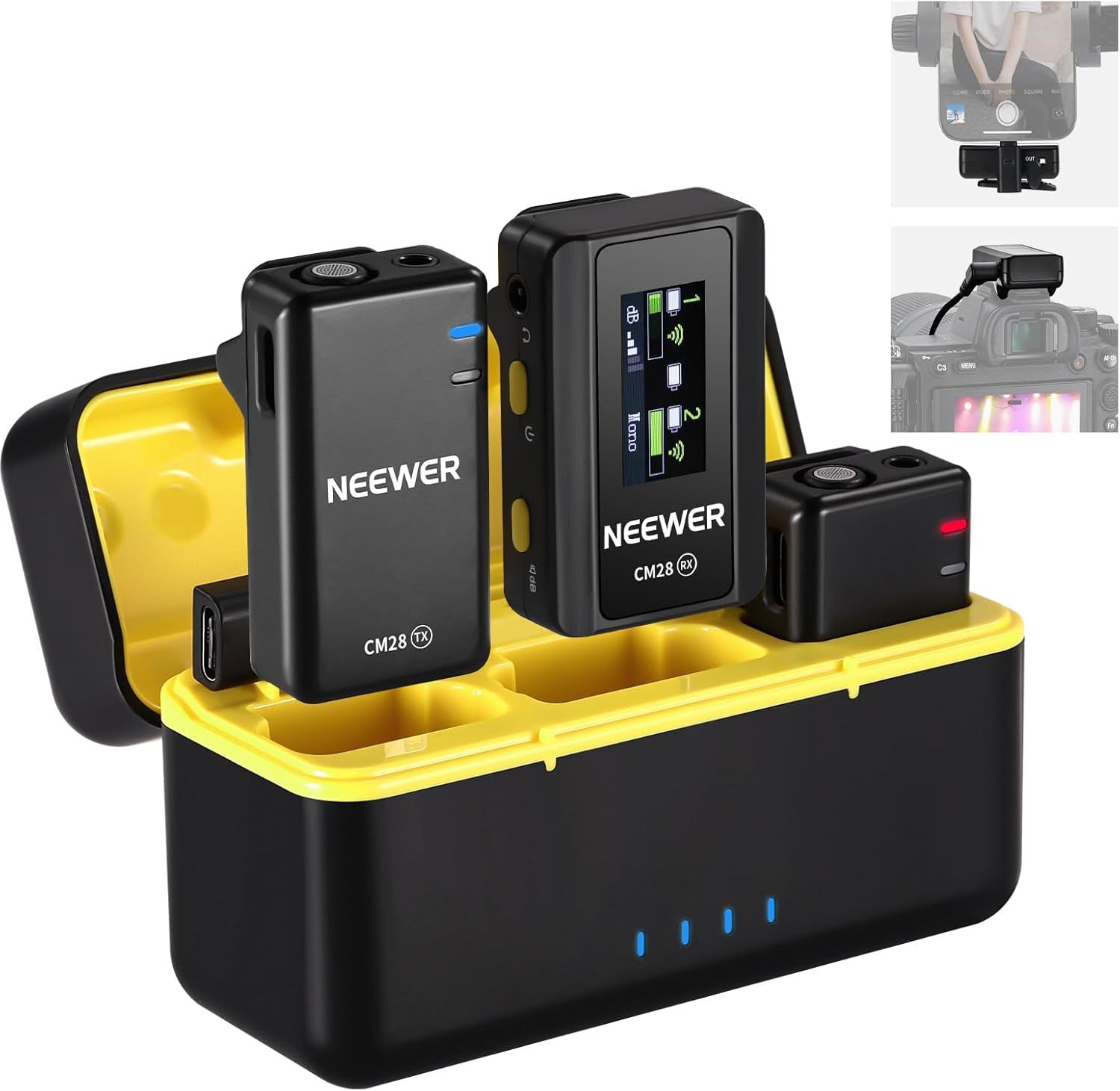 Sistema de micrófono lapel sin hilos Neewer CM28, 4GB de almacenamiento para 9 horas de audio sin comprimir a 48kHz 16 bits, compatible con iPhone/Android/PC/cámara