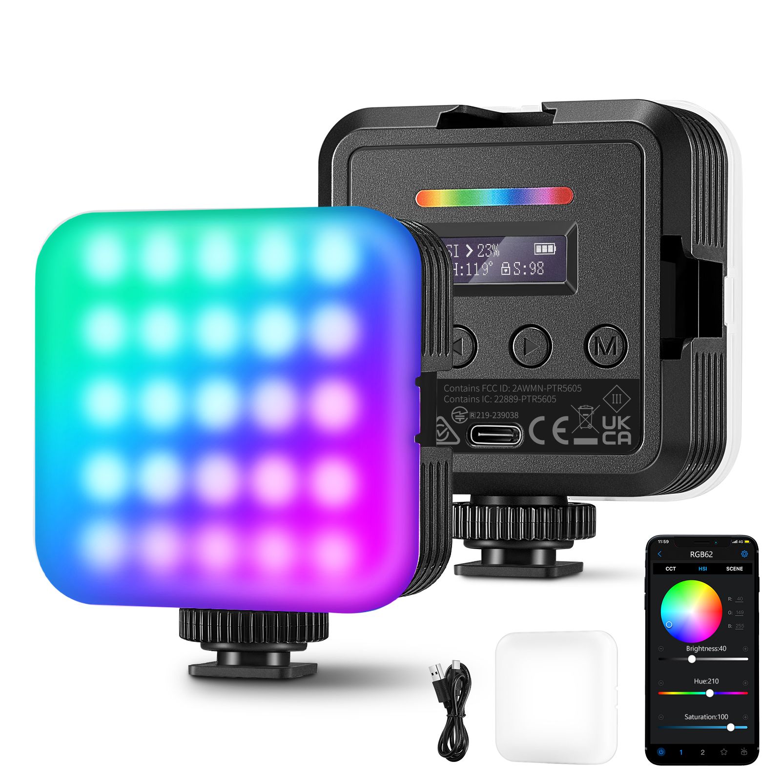 Neewer RGB62 Magnetic Camera Light with App Control, 360° Color LED Lighting with 3 Cold Shoots, Portable Video Lamp for Camera CRI97+/17 Scenes/2000mAh Battery